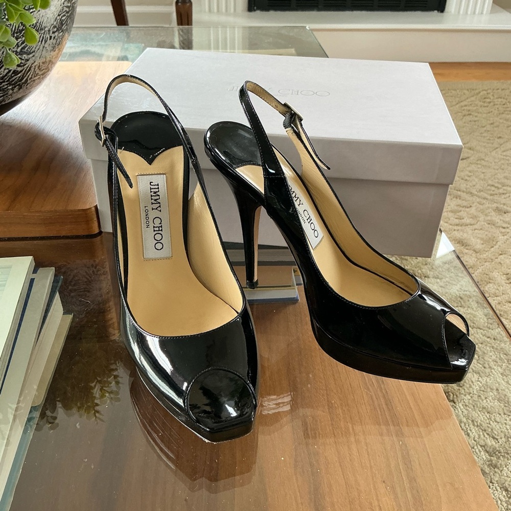 Jimmy Choo Glossy Black Slingback Heels